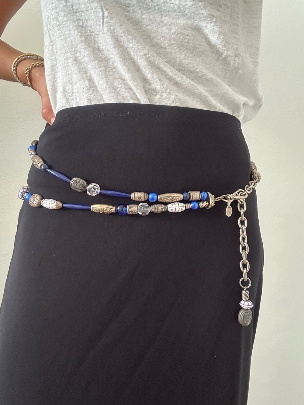 Vintage Express 90's Y2K Boho Beaded Belt Size Blue & Silver Tone Size S/M